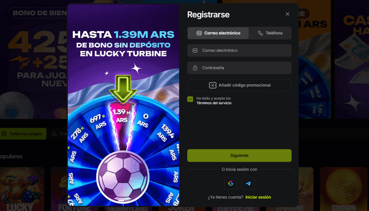 Formulario de registro en Aguero Juegos — activá el bono 425%